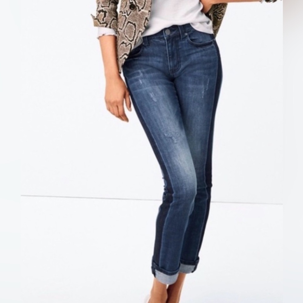 CAbi High Straight Tuxedo Stripe Jeans High-Rise Distressed Denim #3750. Sz 8 - Picture 8 of 9